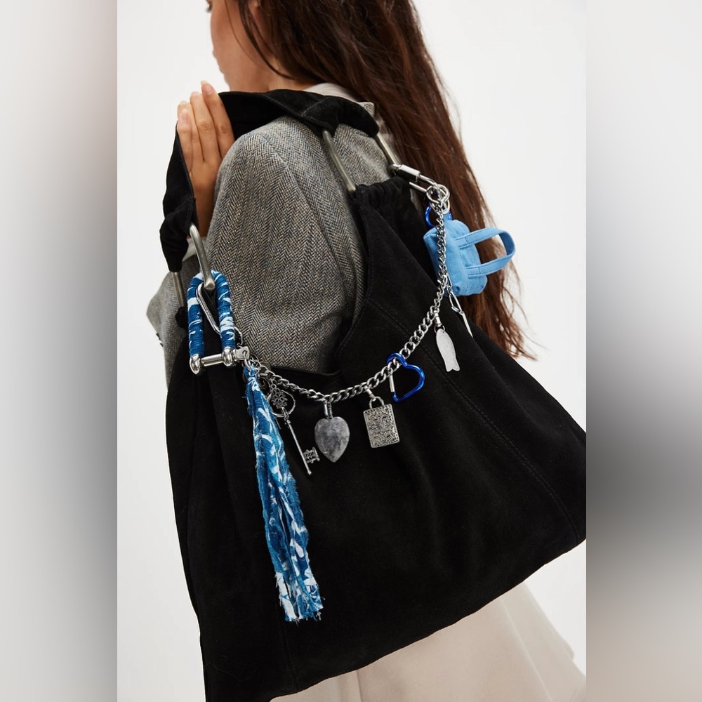 Free People Black Shoulder Bag with Blue Accents and Silver Hardware